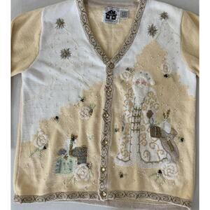 Vintage Storybook Knits Christmas Sweater Women's L Santa Beaded Cardigan HSN